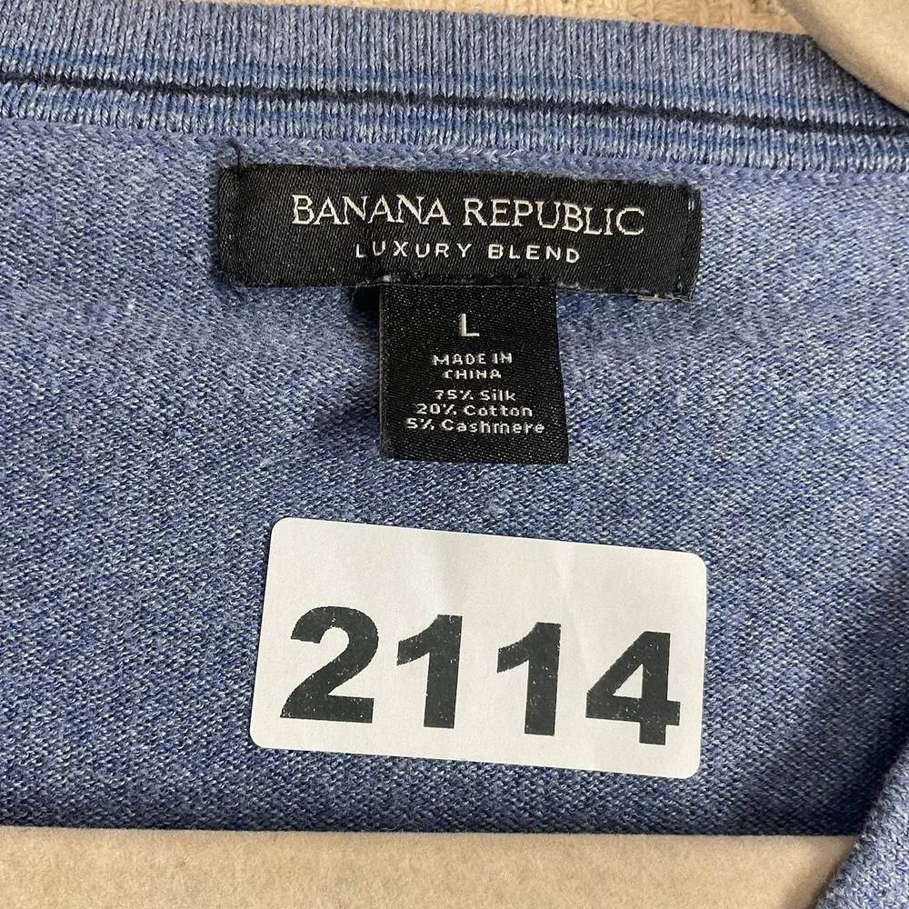 Banana Republic Mens Large Blue V-Neck Luxury Blend Sweater Cashmere Silk Cotton